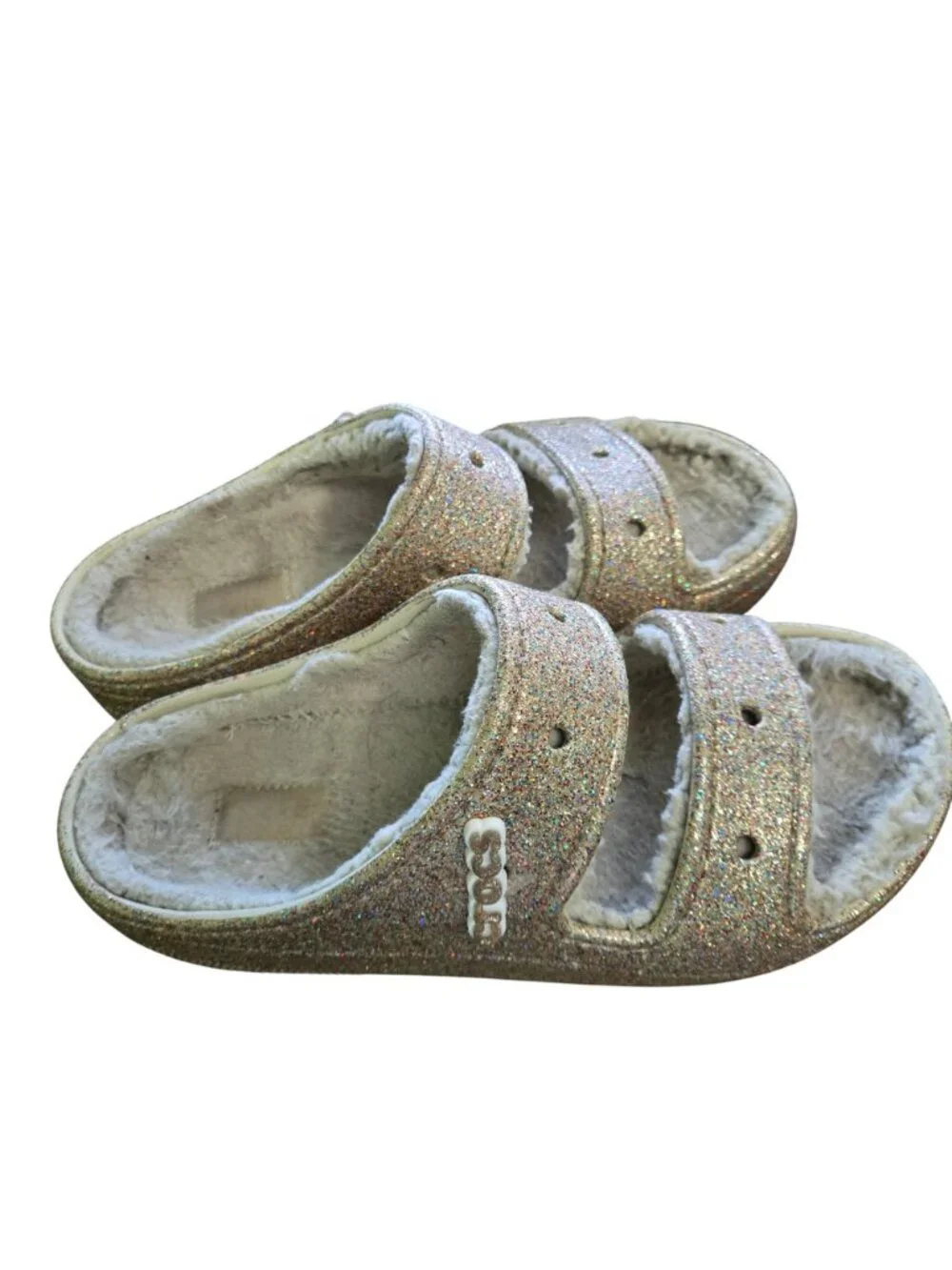 Crocs Classic Cozzy Glitter Sandals Gold Multi Faux Sherpa Lined Size M 7/W 9